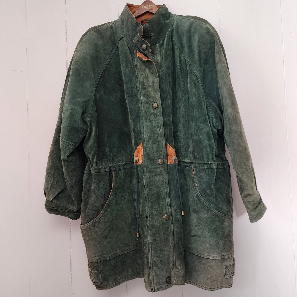 Vintage 90s Gitano Green Genuine Suede Leather Trench Coat Women’s 3X Oversized